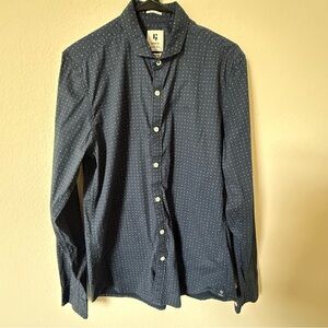 Garcia Men’s Button Up Shirt Large Blue Micro Print Stretch Cotton Slim Casual